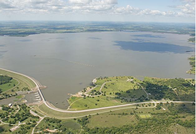Aerial view of John Redmond Reservoir and dam